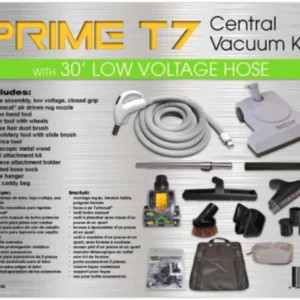 Titan T7 premium turbo central vacuum attachment kit with air driven brush crushproof hose and cleaning tools for carpets rugs and hard floors