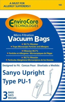 EnviroCare 160 Sanyo Microfiltration Vacuum Bags 3 Pack Fits Sanyo Type PU-1 EnviroCare 160 Sanyo Microfiltration Vacuum Bags 3 Pack Fits Sanyo Type PU-1
