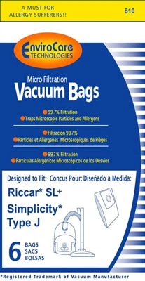 EnviroCare 810 Riccar Vacuum Bags 6 Pack Fits Riccar EnviroCare 810 Riccar Vacuum Bags 6 Pack Fits Riccar