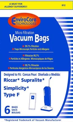 EnviroCare 812 Riccar Vacuum Bags 6 Pack Fits Riccar SupraLite EnviroCare 812 Riccar Vacuum Bags 6 Pack Fits Riccar SupraLite