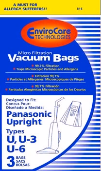EnviroCare 816 Panasonic Microfiltration Vacuum Bags 3 Pack Fits Panasonic Type U-3 EnviroCare 816 Panasonic Microfiltration Vacuum Bags 3 Pack Fits Panasonic Type U-3