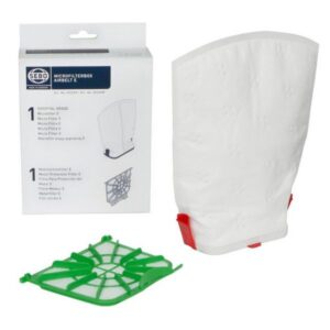 The 8322AM is an E-Series canister filter set used in compatible SEBO Airbelt E vacuum cleaners. It includes a pre-motor (motor protection) filter and an exhaust microfilter, designed to maintain strong suction and high-level S-Class filtration by trapping fine dust and allergens before and after the motor.