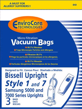 EnviroCare 840 Bissell Microfiltration Vacuum Bags 3 Pack Fits Bissell Style 7 and Style 9 uprights EnviroCare 840 Bissell Microfiltration Vacuum Bags 3 Pack Fits Bissell Style 7 and Style 9 uprights