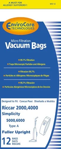 EnviroCare 845-12 Riccar Microfiltration Vacuum Bags 12 Pack Fits Riccar EnviroCare 845-12 Riccar Microfiltration Vacuum Bags 12 Pack Fits Riccar