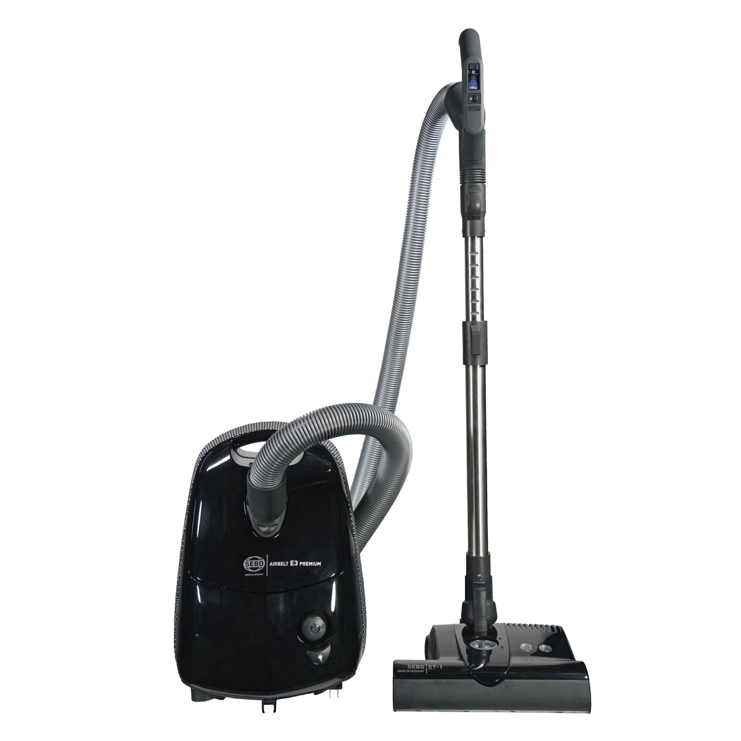 SEBO E3 Premium Graphite 91601AM SEBO E3 Premium canister vacuum cleaner in Black Onyx” “Black SEBO E3 vacuum cleaner with power head attachment” “SEBO Airbelt E3 Black Onyx canister vacuum on hardwood floor” “Front view of SEBO E3 Premium vacuum cleaner in black” “SEBO E3 canister vacuum with ET-1 powerhead and hose”