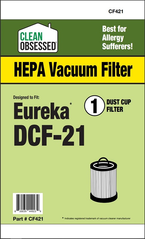 Clean Obsessed CF421 Vacuum Filter Fits Eureka DCF-21 HEPA filter, multiple bagless, uprights Clean Obsessed CF421, Eureka DCF-21 filter, Eureka AirSpeed HEPA filter, 68931A replacement filter, Eureka bagless upright exhaust filter, CF421 vacuum filter, Sanitaire AirSpeed filter, Eureka upright HEPA cartridge filter
