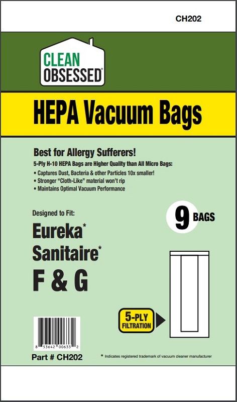 Clean Obsessed CH202 HEPA Vacuum Bags Fits Eureka type F & G 9 Pack Clean Obsessed CH202, Eureka Type F & G vacuum bags, Sanitaire F&G vacuum bags, HEPA vacuum bags CH202, Eureka commercial upright bags 9 pack, F&G HEPA vacuum bags, Clean Obsessed vacuum bags CH202, Eureka 2000 series vacuum bags, Sanitaire upright replacement bags F&G, allergen filtration vacuum bags CH202
