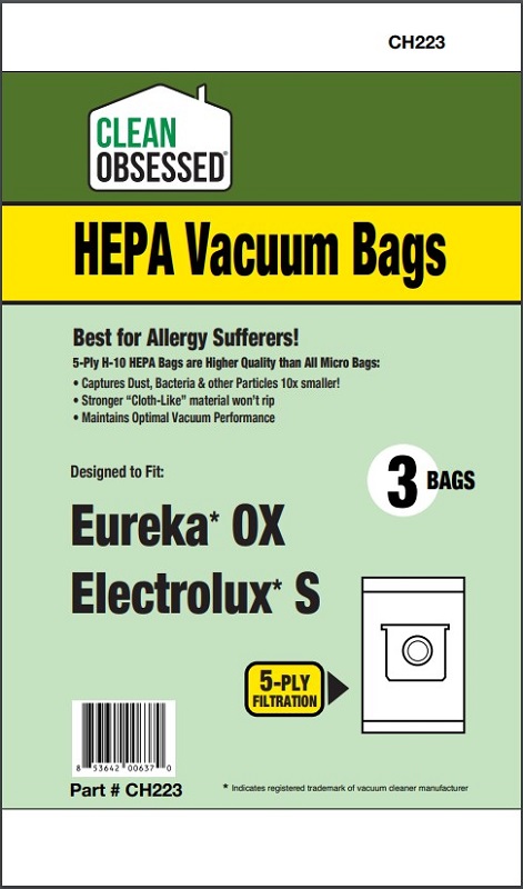 Clean Obsessed CH223 HEPA Vacuum Bags Fits Eureka type OX, Electrolux type S HEPA 3 Pack Clean Obsessed CH223, Eureka Type OX vacuum bags, Electrolux Type S vacuum bags, HEPA vacuum bags CH223, Electrolux S-bag replacement HEPA, Eureka OX canister bags, Clean Obsessed vacuum bags 3 pack, OX S micro filtration bags, Electrolux canister vacuum bags CH223, allergen filtration vacuum bags OX system