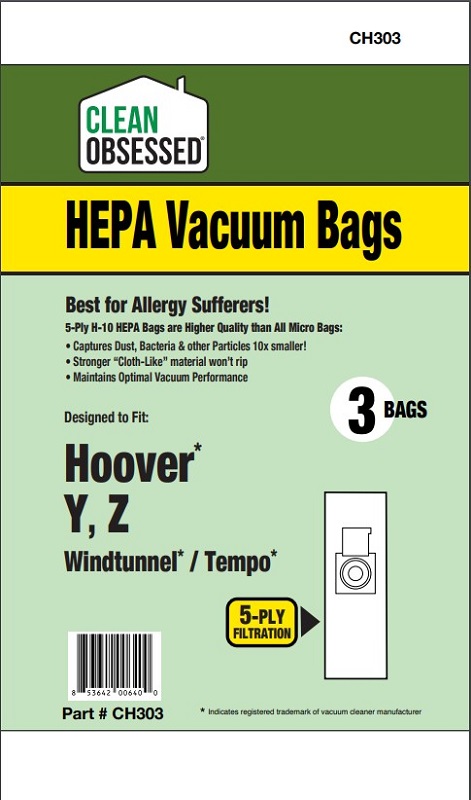 Clean Obsessed CH303 HEPA Vacuum Bags Fits Hoover type Y (Windtunnel, Tempo)HEPA 3 Pack Clean Obsessed CH303, Hoover Type Y vacuum bags, Hoover WindTunnel vacuum bags, Hoover Tempo vacuum bags, HEPA vacuum bags CH303, Hoover upright replacement bags Type Y 3 pack, Clean Obsessed vacuum bags CH303, Hoover WindTunnel HEPA bags, allergen filtration vacuum bags Type Y, Clean Obsessed vacuum parts Hoover Y system
