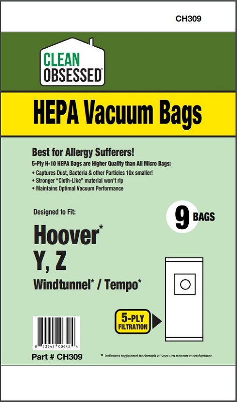 Clean Obsessed CH309 HEPA Vacuum Bags Fits Hoover type Y (Windtunnel, Tempo)HEPA 9 Pack Clean Obsessed CH309, Hoover Type Y vacuum bags, Hoover WindTunnel vacuum bags, Hoover Tempo vacuum bags, HEPA vacuum bags CH309, Hoover upright replacement bags Type Y, Clean Obsessed vacuum bags 9 pack, Hoover WindTunnel HEPA bags, Hoover Tempo Type Y bags, allergen filtration vacuum bags CH309, Clean Obsessed vacuum parts Hoover Type Y