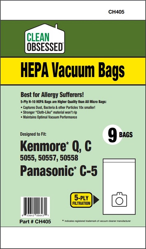 Clean Obsessed CH405 HEPA Vacuum Bags Fits Kenmore 5055, 50558 Type Q (PAN C-5) HEPA 9 Pack Clean Obsessed CH405, Kenmore Type Q vacuum bags, Kenmore 5055 vacuum bags, Kenmore 50558 vacuum bags, Panasonic C-5 vacuum bags, HEPA vacuum bags CH405, Kenmore Q/C replacement bags, Clean Obsessed vacuum bags 9 pack, Type Q HEPA canister bags, Kenmore canister vacuum bags CH405, Panasonic Type C-5 HEPA bags, allergen filtration vacuum bags CH405