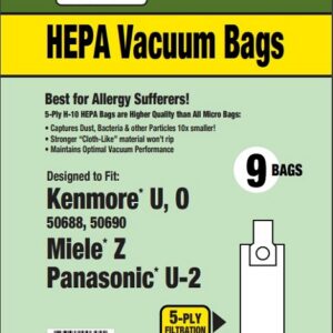 Clean Obsessed CH429, Kenmore Type U vacuum bags, Kenmore 50688 50690 bags, Panasonic U-2 vacuum bags, Miele Z vacuum bags HEPA, Type O vacuum bags Kenmore, CH429 HEPA vacuum bags 9 pack, Clean Obsessed vacuum parts Kenmore Panasonic, universal canister vacuum bags U/O system, HEPA H10 vacuum bags CH429