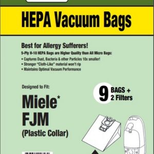Clean Obsessed CH601, Miele FJM vacuum bags, HEPA vacuum bags CH601, Miele Compact C1 FJM bags, Miele Complete C1 FJM bags, plastic collar vacuum bags FJM, Clean Obsessed vacuum bags 9 pack, Miele FJM replacement bags HEPA, Type FJM micro filtration bags, Miele canister vacuum bags FJM system, Clean Obsessed vacuum parts CH601