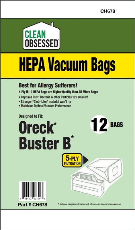 Clean Obsessed CH678 HEPA Vacuum Bags Fits Oreck Buster B HEPA 12 Pack Clean Obsessed CH678, Oreck Buster B vacuum bags, Oreck BB HEPA bags, CH678 vacuum bags 12 pack, Oreck compact canister bags Buster B, HEPA vacuum bags CH678 Oreck, Clean Obsessed vacuum parts Oreck BB, replacement vacuum bags Buster B, Oreck BB series bags HEPA cloth, Clean Obsessed CH678 vacuum filter bags