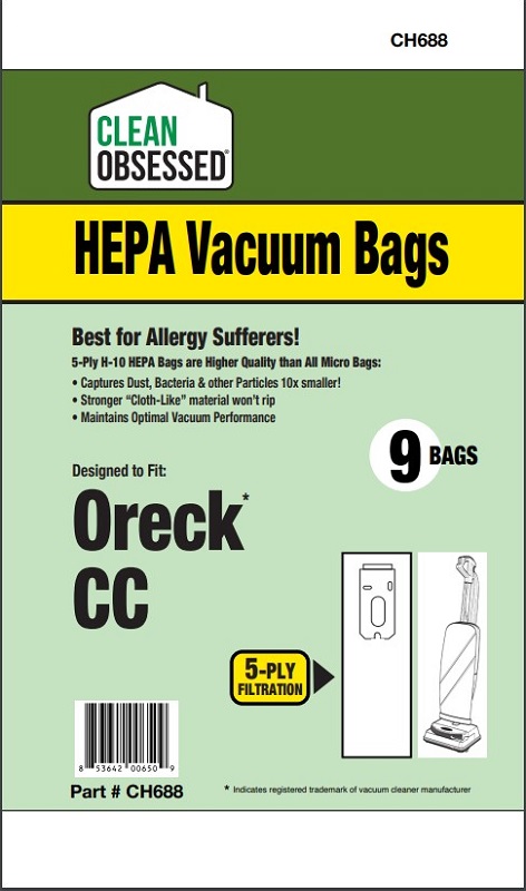 Clean Obsessed CH688 HEPA Vacuum Bags Fits Oreck XL Regular and Commercial Uprights HEPA 9 Pack Clean Obsessed CH688, Oreck XL vacuum bags, Oreck CC HEPA bags CH688, Oreck commercial upright bags 9 pack, HEPA vacuum bags Oreck XL, Clean Obsessed vacuum bags CH688, Oreck XL replacement bags Type CC, H10 HEPA Oreck vacuum bags, Clean Obsessed vacuum parts Oreck, allergen filtration vacuum bags CH688