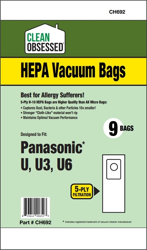 Clean Obsessed CH692 HEPA Vacuum Bags Fits Panasonic Type U, U3, U6 HEPA 9 Pack Clean Obsessed CH692, Panasonic Type U vacuum bags, Panasonic U3 U6 vacuum bags, HEPA vacuum bags CH692, Panasonic upright vacuum bags Type U, Kenmore U type vacuum bags, Clean Obsessed vacuum bags 9 pack, replacement vacuum bags Panasonic MC series, Type U micro filtration bags, HEPA upright vacuum bags Panasonic U system, Clean Obsessed vacuum parts CH692