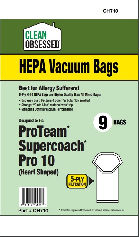Clean Obsessed CH710 HEPA Vacuum Bags Fits ProTeam Supercoach pro 10QT (Heart Shaped) HEPA 9 Pack Clean Obsessed CH710, ProTeam Super Coach Pro 10QT bags, heart shaped backpack vacuum bags CH710, HEPA vacuum bags CH710 ProTeam, Super Coach Pro 10QT replacement bags, Clean Obsessed vacuum bags 9 pack, ProTeam backpack vacuum HEPA bags, 10QT heart shape vacuum bags, commercial backpack vacuum bags CH710, Clean Obsessed vacuum parts ProTeam