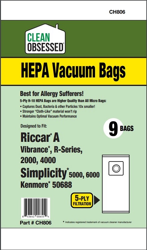 Clean Obsessed CH806 HEPA Vacuum Bags Fits Kenmore 50688, Panasonic Clean Obsessed CH806, Kenmore 50688 vacuum bags, Panasonic U-2 vacuum bags, HEPA vacuum bags CH806, Kenmore canister bags Type U/O equivalent, Panasonic MC canister bags U-2, Clean Obsessed vacuum bags 3 pack, replacement vacuum bags Kenmore Panasonic, canister HEPA vacuum bags CH806, Clean Obsessed vacuum parts, allergen filtration vacuum bags 50690, micro/cloth vacuum bags Kenmore U/O system
