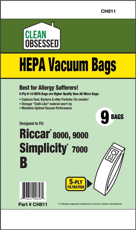 Clean Obsessed CH811 HEPA Vacuum Bags Fits Riccar/Simplicity Type B Riccar 8000/8900 Simplicity B HEPA 9 Pack Clean Obsessed CH811, Riccar Type B vacuum bags, Simplicity Type B bags, HEPA vacuum bags CH811, Riccar 8000 vacuum bags, Riccar 8900 vacuum bags, Clean Obsessed vacuum bags 9 pack, upright vacuum bags Type B HEPA, vacuum cleaner bags Riccar 8000 series, Simplicity B HEPA bags, Clean Obsessed vacuum parts, replacement vacuum bags Type B, allergen filtration vacuum bags CH811