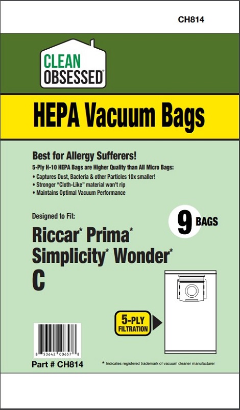 Clean Obsessed CH814 HEPA Vacuum Bags Fits Riccar/Simplicity Type C Riccar PRIMA, SIMP Wonder HEPA 9 Pack Clean Obsessed CH814, Riccar Type C vacuum bags, Simplicity Type C bags, HEPA vacuum bags CH814, Riccar PRIMA vacuum bags, Simplicity Wonder bags, Clean Obsessed vacuum bags 9 pack, Type C micro filtration bags, canister vacuum bags Riccar PRIMA, vacuum cleaner bags Simplicity Wonder, Clean Obsessed vacuum parts, replacement vacuum bags Type C HEPA, allergen filtration vacuum bags CH814