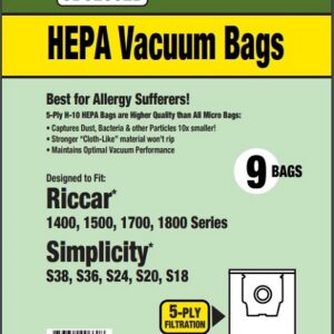 Clean Obsessed CH822, Riccar Type H vacuum bags, Simplicity Type H bags, HEPA vacuum bags CH822, Riccar 1500 canister bags, Simplicity S18 S20 S24 bags, Clean Obsessed vacuum bags 9 pack, Type H micro filtration bags, Riccar HEPA canister bags, vacuum cleaner bags Simplicity Type H, Clean Obsessed vacuum parts, replacement vacuum bags Riccar 1700 series, allergen filtration vacuum bags CH822, HEPA style canister bags Type H