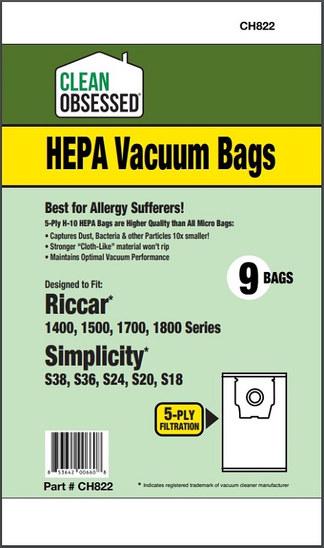 Clean Obsessed CH822 HEPA Vacuum Bags Fits Riccar/Simplicity Type H Riccar Canisters 1500, 1700, 1800 Simplicity S18, S20, S24, S3 Clean Obsessed CH822, Riccar Type H vacuum bags, Simplicity Type H bags, HEPA vacuum bags CH822, Riccar 1500 canister bags, Simplicity S18 S20 S24 bags, Clean Obsessed vacuum bags 9 pack, Type H micro filtration bags, Riccar HEPA canister bags, vacuum cleaner bags Simplicity Type H, Clean Obsessed vacuum parts, replacement vacuum bags Riccar 1700 series, allergen filtration vacuum bags CH822, HEPA style canister bags Type H