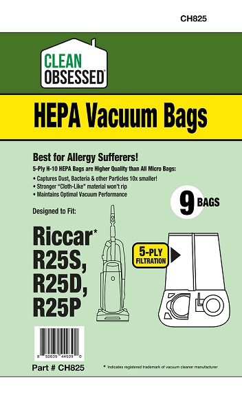 Clean Obsessed CH825 HEPA Vacuum Bags Fits Riccar/Simplicity Type R25, R25D, R25P, R25S HEPA 9 Pack Clean Obsessed CH825, Riccar R25 vacuum bags, Simplicity R25 bags, HEPA vacuum bags CH825, Riccar Clean Air upright bags, R25S R25D R25P bags, Clean Obsessed vacuum bags 9 pack, upright vacuum bags Riccar R25, vacuum cleaner bags Simplicity R25, HEPA style vacuum bags R25 series, replacement vacuum bags R25HC, Clean Obsessed vacuum parts, allergen filtration vacuum bags CH825, Riccar HEPA media bags R25