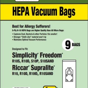 Clean Obsessed CH828, Riccar Type R10 vacuum bags, Simplicity S10 vacuum bags, HEPA vacuum bags CH828, Riccar Supralite bags, Simplicity Freedom bags, Clean Obsessed vacuum bags 9 pack, R10 micro filtration bags, upright vacuum bags Riccar R10, vacuum cleaner bags Simplicity S10, Clean Obsessed vacuum parts, HEPA style vacuum bags R10 series, replacement vacuum bags Supralite, allergen filtration vacuum bags CH828