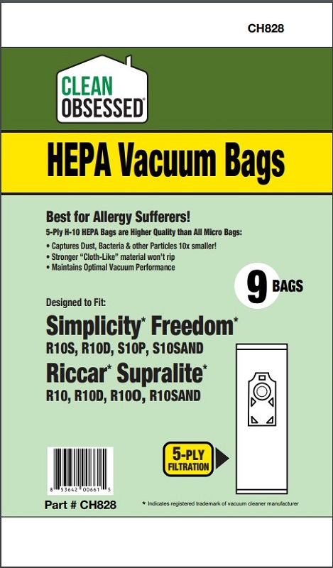 Clean Obsessed CH828 HEPA Vacuum Bags Fits Riccar Type R10 S/D/O/P Supralite Simpliticy S10P/S HEPA 9 Pack Clean Obsessed CH828, Riccar Type R10 vacuum bags, Simplicity S10 vacuum bags, HEPA vacuum bags CH828, Riccar Supralite bags, Simplicity Freedom bags, Clean Obsessed vacuum bags 9 pack, R10 micro filtration bags, upright vacuum bags Riccar R10, vacuum cleaner bags Simplicity S10, Clean Obsessed vacuum parts, HEPA style vacuum bags R10 series, replacement vacuum bags Supralite, allergen filtration vacuum bags CH828