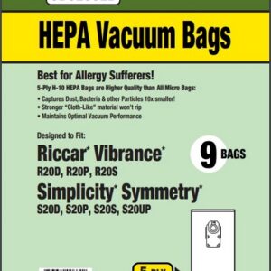 Clean Obsessed CH830, Riccar Type R20S vacuum bags, Simplicity Type R20S vacuum bags, Riccar Vibrance bags, Simplicity Symmetry S20 bags, HEPA vacuum bags CH830, Riccar HEPA bags, Simplicity HEPA bags, Clean Obsessed vacuum bags 9 pack, Type R20S micro filtration bags, upright vacuum bags Riccar Vibrance, vacuum cleaner bags Simplicity S20 series, Clean Obsessed vacuum parts, replacement vacuum bags Type R20S, allergen filtration vacuum bags