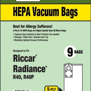 Clean Obsessed CH832, Riccar Type R40 vacuum bags, Riccar R40P vacuum bags, Riccar Radiance Premium bags, HEPA vacuum bags CH832, Riccar premium HEPA bags, Clean Obsessed vacuum bags 9 pack, Type R40 micro filtration bags, upright vacuum bags Riccar Radiance, vacuum cleaner bags Riccar R40, Clean Obsessed vacuum parts, replacement vacuum bags Type R40, allergen filtration vacuum bags, Riccar premium upright bags, HEPA dust bags Riccar R40P