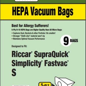 Clean Obsessed CH836, Riccar Type S vacuum bags, Simplicity Type S vacuum bags, Riccar Supralite bags, Simplicity S20 bags, Simplicity FastVac bags, HEPA vacuum bags CH836, Riccar HEPA bags, Simplicity HEPA bags, Clean Obsessed vacuum bags 9 pack, Type S micro filtration bags, upright vacuum bags Riccar, vacuum cleaner bags Simplicity FastVac, Clean Obsessed vacuum parts, replacement vacuum bags Type S