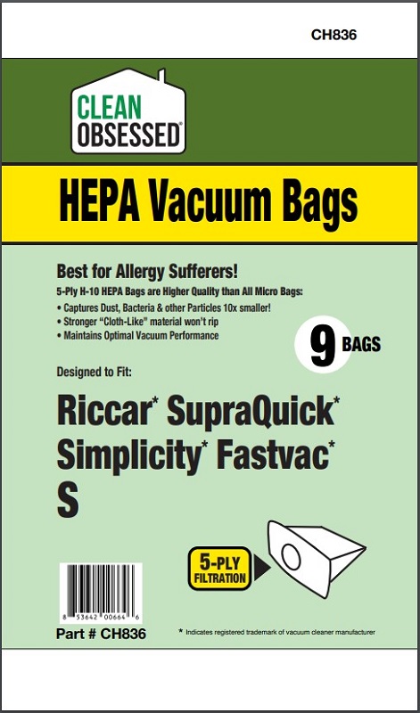 Clean Obsessed CH836 HEPA Vacuum Bags Fits Riccar/Simplicity Type S HEPA 9 Pack Riccar Supralite, Simplicity S/Fastvac Clean Obsessed CH836, Riccar Type S vacuum bags, Simplicity Type S vacuum bags, Riccar Supralite bags, Simplicity S20 bags, Simplicity FastVac bags, HEPA vacuum bags CH836, Riccar HEPA bags, Simplicity HEPA bags, Clean Obsessed vacuum bags 9 pack, Type S micro filtration bags, upright vacuum bags Riccar, vacuum cleaner bags Simplicity FastVac, Clean Obsessed vacuum parts, replacement vacuum bags Type S