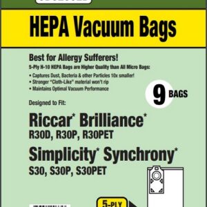 Clean Obsessed CH844, Riccar Type R30 vacuum bags, Simplicity Type R30 vacuum bags, Riccar Brilliance R30 bags, Simplicity Synchrony S30 bags, HEPA vacuum bags CH844, Riccar HEPA bags, Simplicity HEPA bags, Clean Obsessed vacuum bags 9 pack, Type R30 micro filtration bags, upright vacuum bags Riccar, vacuum cleaner bags Simplicity Synchrony S30, Clean Obsessed vacuum parts, replacement vacuum bags Type R30, allergen filtration vacuum bags
