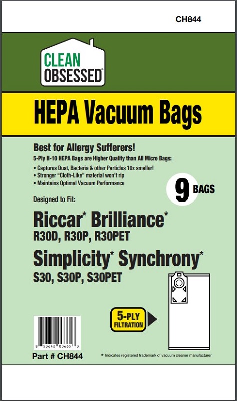 Clean Obsessed CH844 HEPA Vacuum Bags Fits Riccar/Simplicity Type R30 HEPA 9 Pack Riccar Brilliance R30, Simplicity Synchrony S30 D Clean Obsessed CH844, Riccar Type R30 vacuum bags, Simplicity Type R30 vacuum bags, Riccar Brilliance R30 bags, Simplicity Synchrony S30 bags, HEPA vacuum bags CH844, Riccar HEPA bags, Simplicity HEPA bags, Clean Obsessed vacuum bags 9 pack, Type R30 micro filtration bags, upright vacuum bags Riccar, vacuum cleaner bags Simplicity Synchrony S30, Clean Obsessed vacuum parts, replacement vacuum bags Type R30, allergen filtration vacuum bags