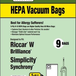 Clean Obsessed CH851, Riccar Type W vacuum bags, Simplicity Type W vacuum bags, Riccar Brilliance bags, Simplicity Synchrony bags, HEPA vacuum bags CH851, Riccar HEPA bags, Simplicity HEPA bags, Clean Obsessed vacuum bags 9 pack, Type W micro filtration bags, upright vacuum bags Riccar, vacuum cleaner bags Simplicity Synchrony, Clean Obsessed vacuum parts, replacement vacuum bags Type W, allergen filtration vacuum bags