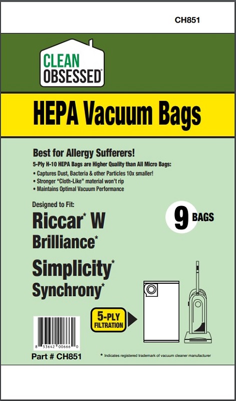Clean Obsessed CH851 HEPA Vacuum Bags Fits Riccar/Simplicity Type W HEPA 9 Pack Riccar Brilliance, Simplicity Synchrony Clean Obsessed CH851, Riccar Type W vacuum bags, Simplicity Type W vacuum bags, Riccar Brilliance bags, Simplicity Synchrony bags, HEPA vacuum bags CH851, Riccar HEPA bags, Simplicity HEPA bags, Clean Obsessed vacuum bags 9 pack, Type W micro filtration bags, upright vacuum bags Riccar, vacuum cleaner bags Simplicity Synchrony, Clean Obsessed vacuum parts, replacement vacuum bags Type W, allergen filtration vacuum bags