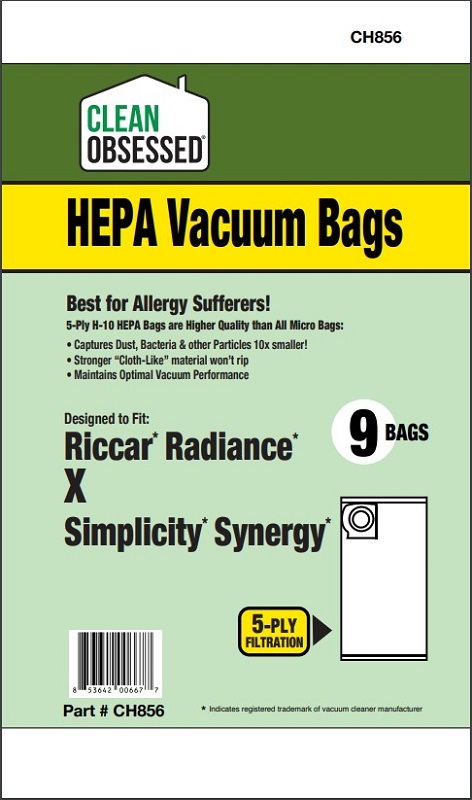 Clean Obsessed CH856 HEPA Vacuum Bags Fits Riccar/Simplicity Type X HEPA 9 Pack Riccar Radiance Simplicity Synergy Clean Obsessed CH856, Riccar Type X vacuum bags, Simplicity Synergy Type X bags, HEPA vacuum bags CH856, Riccar Radiance vacuum bags, Simplicity G9 X9 bags, Clean Obsessed vacuum bags 9 pack, Type X micro paper vacuum bags, Riccar HEPA bag replacement, Simplicity vacuum bag replacement Type X, vacuum cleaner bags Riccar Synergy, Clean Obsessed vacuum parts, CH856 replacement bags, HEPA style vacuum bags Riccar X series