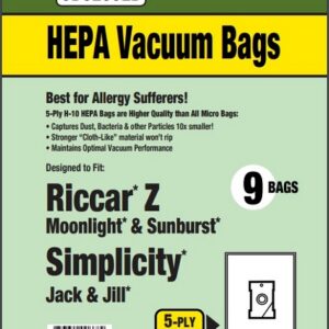 Clean Obsessed CH869 HEPA Vacuum Bags Fits Riccar/Simplicity Type Z HEPA 9 Pack Riccar Moonlight/Sunburst, SIMP Jack & Jill