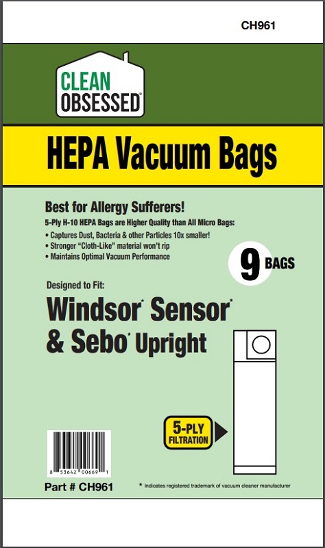 Clean Obsessed CH961 HEPA Vacuum Bags Fits Windsor Sensor/Sebo X 9 Pack Clean Obsessed CH961, Windsor Sensor vacuum bags, SEBO X vacuum bags, HEPA vacuum bags CH961, Windsor SEBO X bags 9 pack, micro paper vacuum bags Windsor Sensor, SEBO X series replacement bags, Clean Obsessed vacuum parts, vacuum cleaner bags SEBO X, Windsor Sensor dust bags replacement, HEPA style vacuum bags CH961, commercial vacuum bags Windsor SEBO, replacement vacuum bags SEBO X