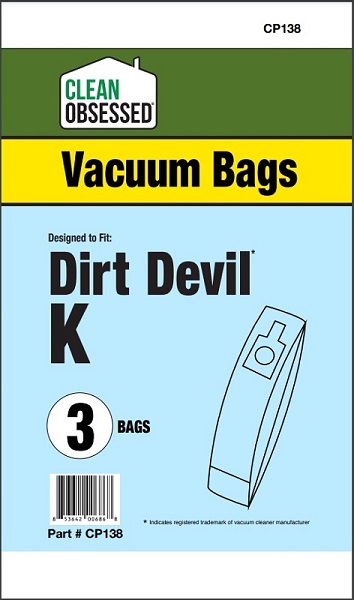 Clean Obsessed CP138 HEPA Vacuum Bags Fits ROYAL/Dirt Devil TYPE K MICRO PAPER BAGS, 3/PK 3 Pack Clean Obsessed CP138, Royal Dirt Devil Type K vacuum bags, Dirt Devil Type K bags, HEPA vacuum bags CP138, Royal stick vac bags Type K, Clean Obsessed vacuum bags 3 pack, vacuum cleaner bags Dirt Devil Type K, Royal vacuum bag replacement, Clean Obsessed vacuum parts, micro paper vacuum bags Type K, Dirt Devil stick vacuum bags, CP138 replacement bags, HEPA style vacuum bags Royal, vacuum accessories Dirt Devil Type K