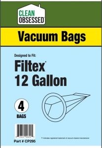 Clean Obsessed CP295, Filtex 12 gallon vacuum bags, 13.5 inch vacuum bag, commercial vacuum bags CP295, HEPA micro paper Filtex bags, Clean Obsessed 4 pack bags, 12 gallon vacuum replacement bags, industrial vacuum filter bags, large capacity vacuum bags Filtex, commercial cleaning vacuum bags CP295