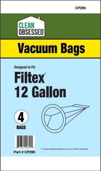 Clean Obsessed CP295 HEPA Vacuum Bags Fits FILTEX 12 GAL MICRO PAPER BAGS, 4/PK 13.5'' Dia 4 Pack Clean Obsessed CP295, Filtex 12 gallon vacuum bags, 13.5 inch vacuum bag, commercial vacuum bags CP295, HEPA micro paper Filtex bags, Clean Obsessed 4 pack bags, 12 gallon vacuum replacement bags, industrial vacuum filter bags, large capacity vacuum bags Filtex, commercial cleaning vacuum bags CP295