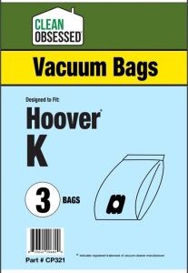 Clean Obsessed CP321, Hoover Spirit Type K vacuum bags, Hoover Type K bags, HEPA vacuum bags CP321, Hoover micro paper bags, Clean Obsessed vacuum bags 3 pack, Hoover vacuum bag replacement, upright vacuum bags Hoover K, vacuum cleaner bags Hoover Spirit Type K, Clean Obsessed vacuum parts, Hoover dust bags replacement, micro filtration vacuum bags, CP321 replacement bags, Hoover HEPA style bags, vacuum accessories Hoover Spirit Type K