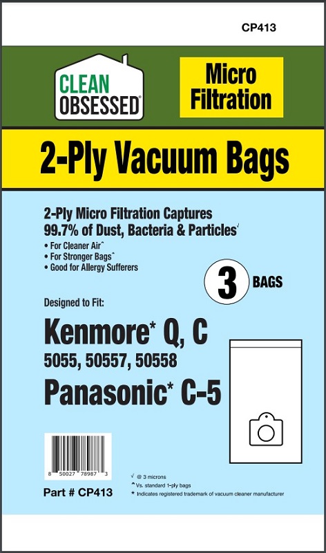 Clean Obsessed CP413 HEPA Vacuum Bags Fits Kenmore Type C 5055, 50558, Micro Paper 3 Pack Clean Obsessed CP413, Kenmore Type C bags, Kenmore 5055 vacuum bags, Kenmore 50558 vacuum bags, HEPA vacuum bags CP413, Kenmore micro paper bags, Kenmore canister vacuum bags, Clean Obsessed vacuum bags 3 pack, replacement dust bags Kenmore Type C, vacuum cleaner bags Kenmore 5055, Kenmore Q/C vacuum bags, Clean Obsessed vacuum parts, micro filtration vacuum bags Kenmore, CP413 replacement bags, Kenmore HEPA style bags
