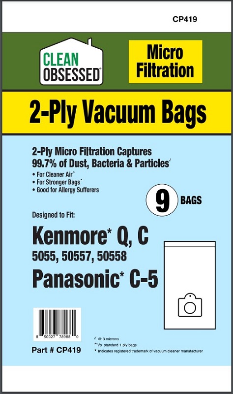 Clean Obsessed CP419 HEPA Vacuum Bags Fits Kenmore Type C 5055, 50558, Micro Paper 9 Pack Clean Obsessed CP419, Kenmore Type C bags, Kenmore 5055 vacuum bags, Kenmore 50558 vacuum bags, HEPA vacuum bags CP419, Kenmore micro paper bags, Kenmore canister vacuum bags, Clean Obsessed vacuum bags 9 pack, replacement dust bags Kenmore Type C, vacuum cleaner bags Kenmore 5055, Kenmore Q/C vacuum bags, Clean Obsessed vacuum parts, micro filtration vacuum bags Kenmore, CP419 replacement bags, Kenmore HEPA style bags