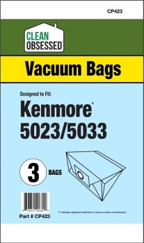 Clean Obsessed CP423 HEPA Vacuum Bags Fits KENMORE 5023 & 5033 MICRO PAPER BAGS, 3/PK 3 Pack Clean Obsessed CP423, Kenmore 5023 vacuum bags, Kenmore 5033 vacuum bags, HEPA vacuum bags CP423, Kenmore micro paper bags, Kenmore canister vacuum bags, Clean Obsessed vacuum bags 3 pack, replacement dust bags Kenmore 5023, vacuum cleaner bags Kenmore 5033, Clean Obsessed vacuum parts, Kenmore vacuum bag replacement, micro filtration vacuum bags, CP423 replacement bags, Kenmore HEPA style bags, vacuum accessories Kenmore 5023 5033