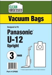 Clean Obsessed CP592, Panasonic U-12 vacuum bags, Panasonic U12 micro bags, HEPA vacuum bags CP592, Panasonic upright vacuum bags, Clean Obsessed vacuum bags 3 pack, Panasonic replacement dust bags, micro paper vacuum bags U-12, vacuum cleaner bags Panasonic, Clean Obsessed vacuum parts, Panasonic vacuum bag replacement, upright vacuum HEPA bags, CP592 replacement bags, Panasonic filtration bags, vacuum accessories Panasonic U-12