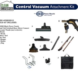PSB30D15, Clean Obsessed 30 ft central vacuum kit, 15 inch power nozzle central vacuum, direct connect central vacuum hose, Beam compatible central vac kit, electric central vacuum hose system, PSB30D15 hose kit