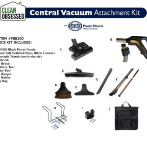 Clean Obsessed PSB30D, 30 ft central vacuum hose kit, direct connect central vac system, SEBO ET-1 power nozzle central vacuum, black central vacuum attachment kit, electric central vacuum hose PSB30D